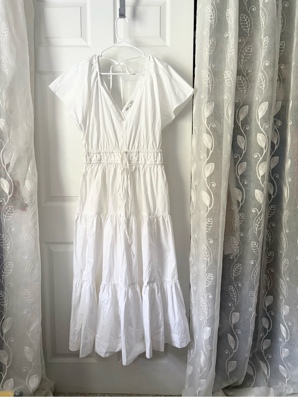 Free Assembly Tiered Midi Dress babydoll Drawstring Waist flutter sleeves sz S